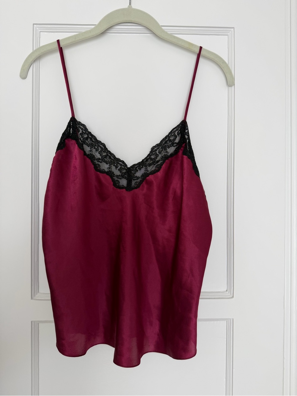 Burgundy Satin Camisole with Black Lace Trim